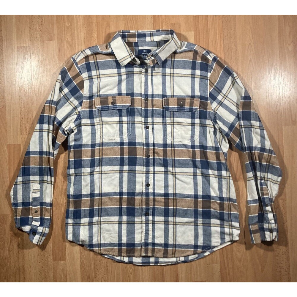 George Plaid Flannel Button Up Shirt (Men’s Size XL 46-48) • Navy & Yellow • EUC
